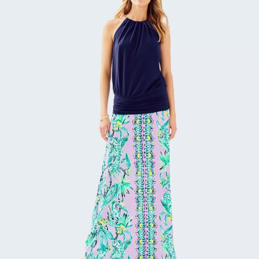Lilly Pulitzer Navy and Pastel Pink Tropical Maxi Skirt
